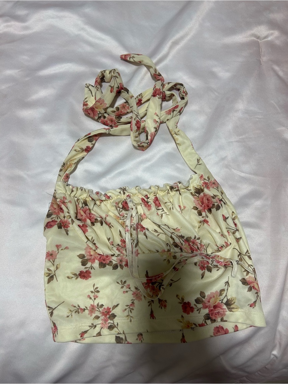 Floral Halter Crop Top in Cream and Pink